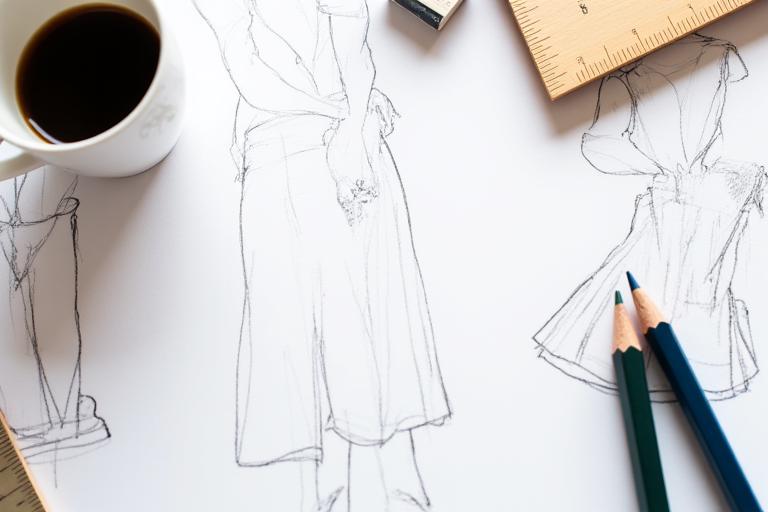 디자인 스케치와 연필이 놓인 책상