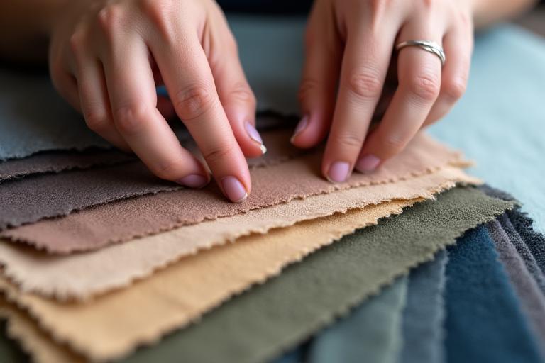 다양한 색상의 원단 샘플들을 고르는 모습