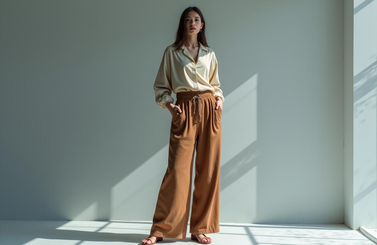 미니멀한 배경에 자연스럽게 서 있는 모델의 전신 사진