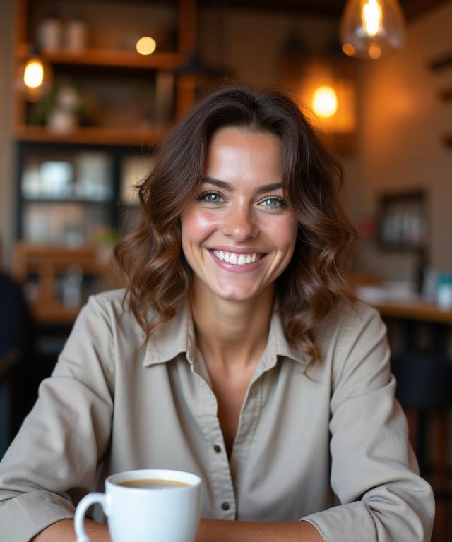 카페에서 편안하게 웃고 있는 여성
