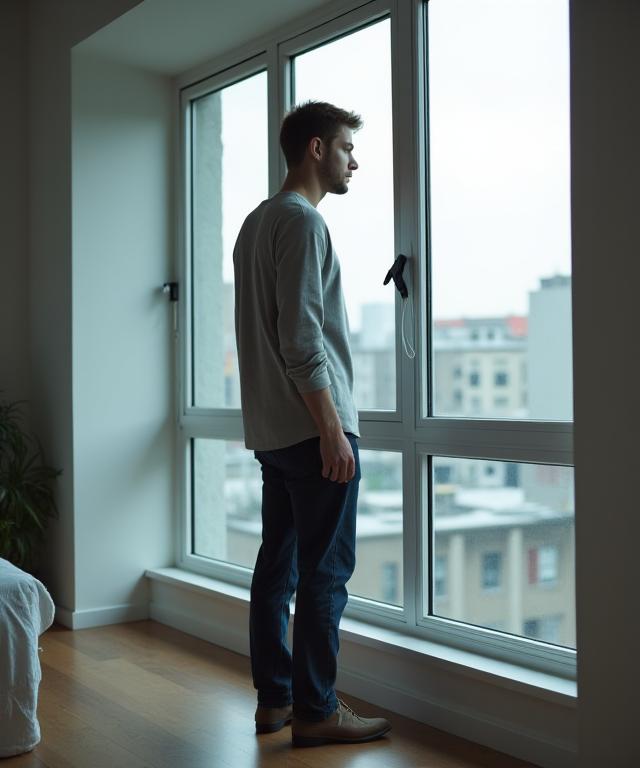 창가에 기대어 서 있는 남성
