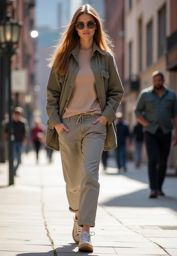 도시의 거리에서 편안한 캐주얼 복장을 한 모델
