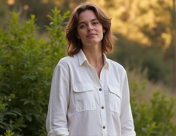 자연 속에서 리넨 셔츠를 입고 있는 모습